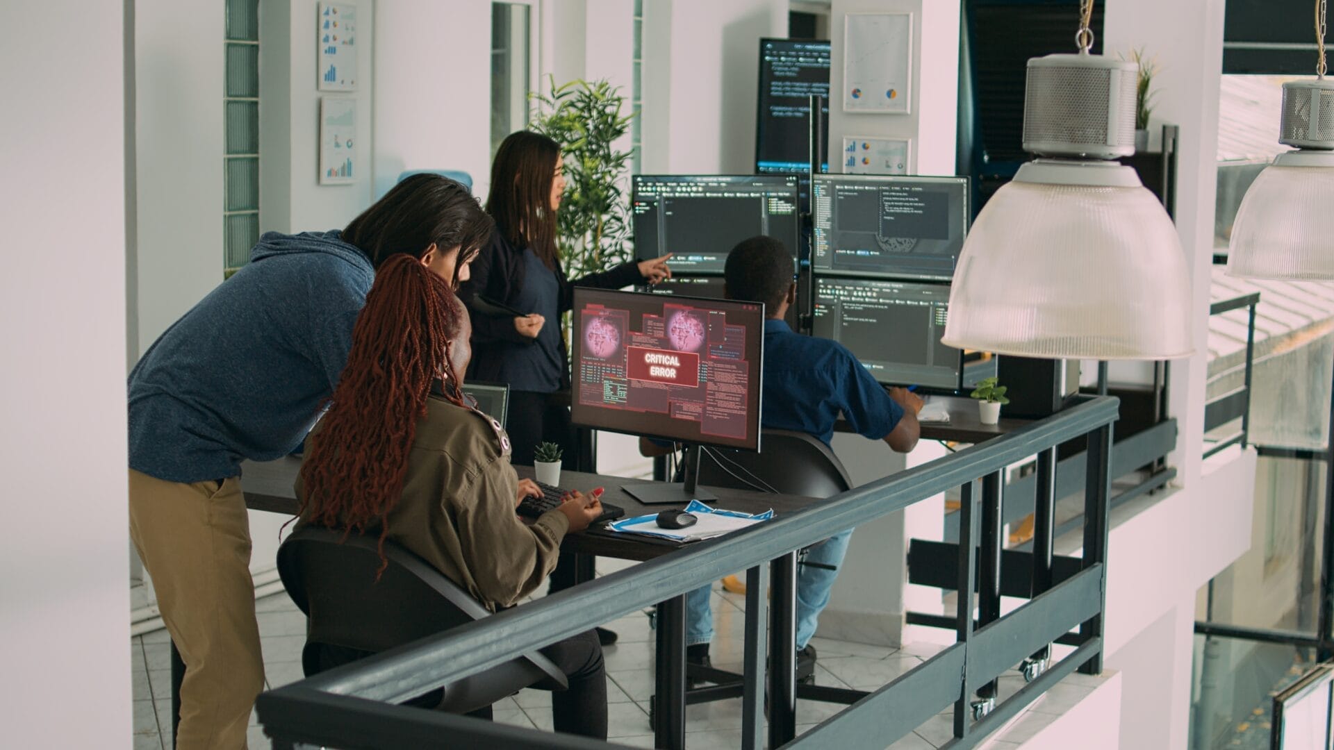 Two cybersecurity experts analyzing a denied access alert on a secure network at a cyber security operations center.