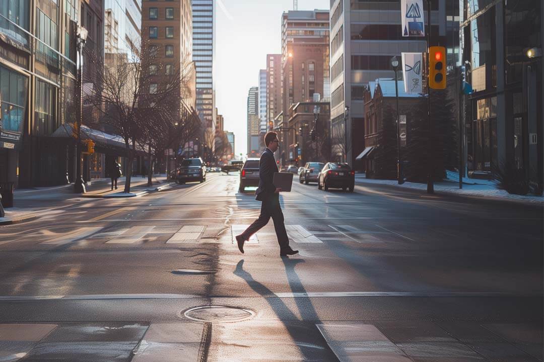 Man crossing street in Edmonton, Canada