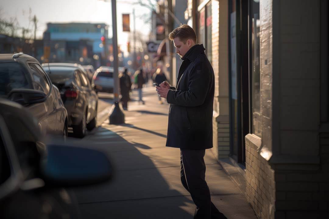 Man texting on sidewalk in Red Deer, Canada