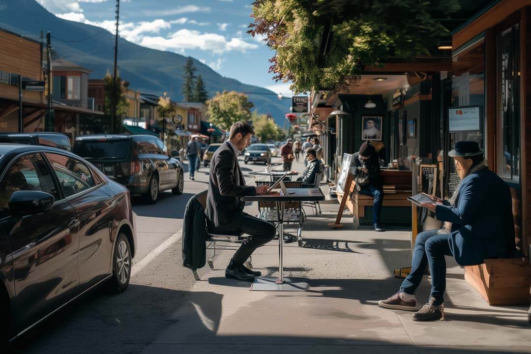 Man on laptop at outdoor cafe in Nelson, Canada