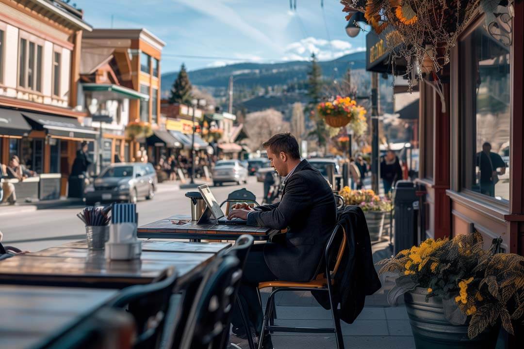 Man on laptop at outdoor restaurant in Vernon, Canada