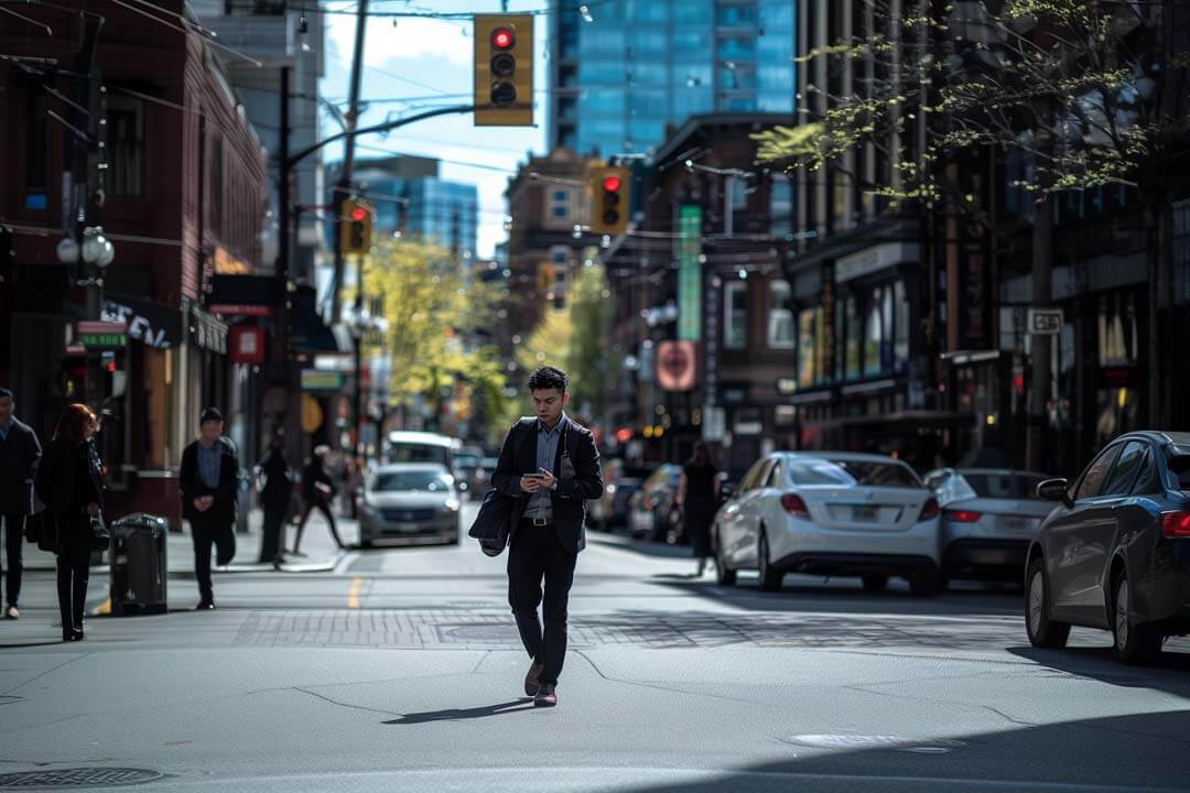 Man crossing street in Victoria, Canada