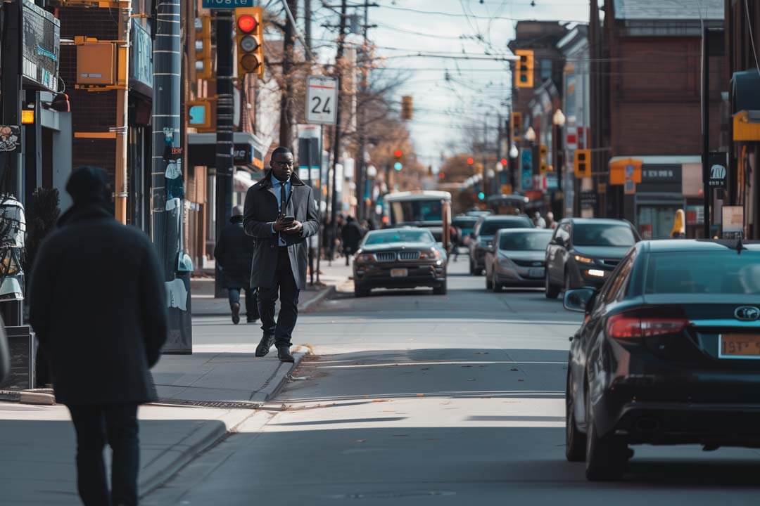 Man looking at mobile device on the sidewalk in Vaughn, Canada