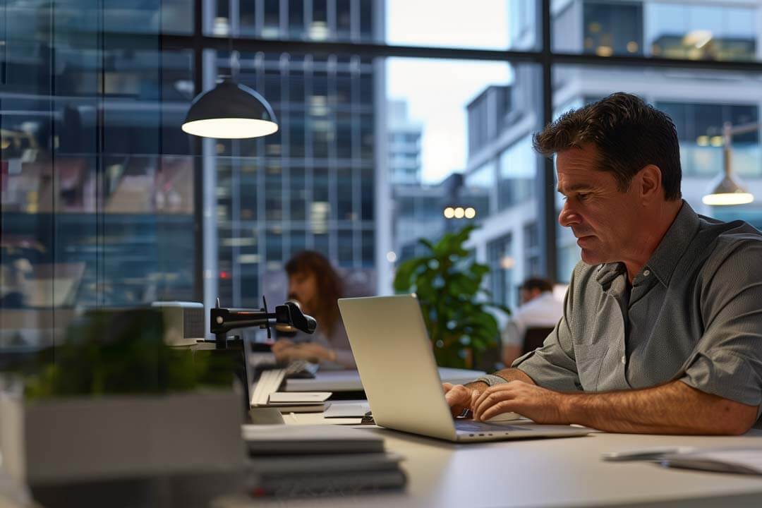 Man working on laptop in home office