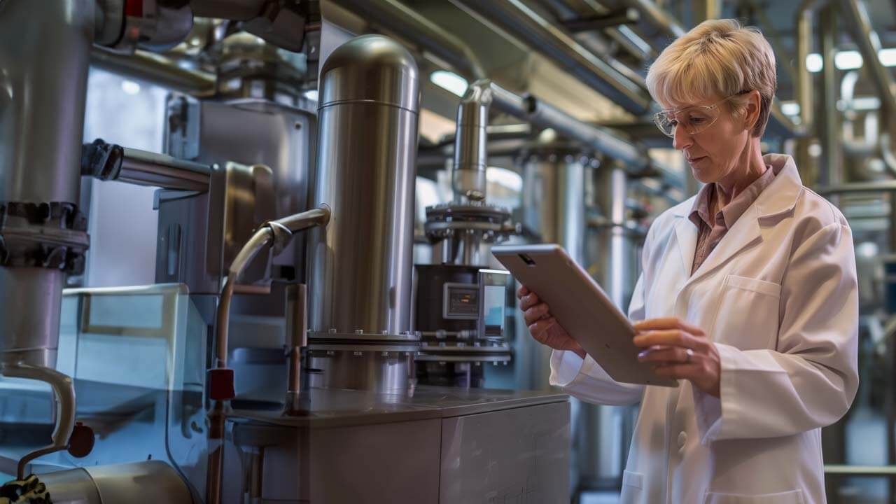 Woman working on a tablet at a pharmaceutical manufacturing facility