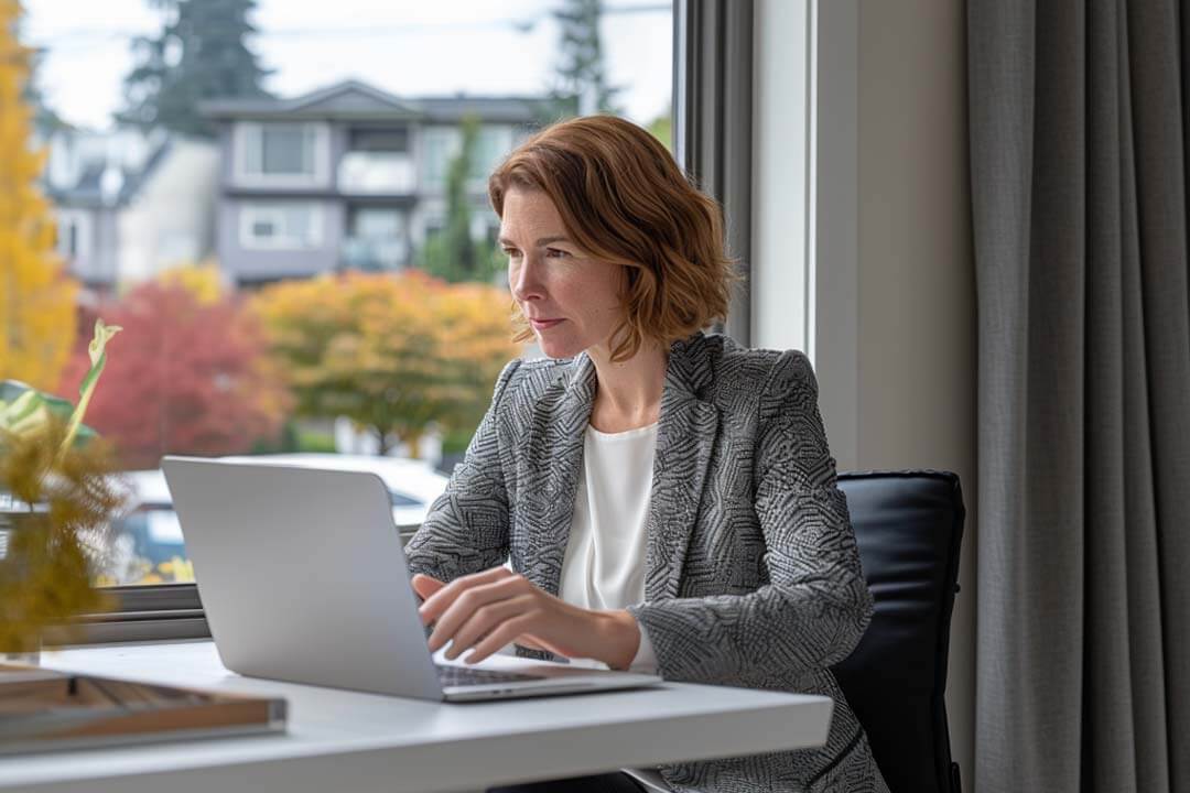 Woman working on her laptop at a modern home office