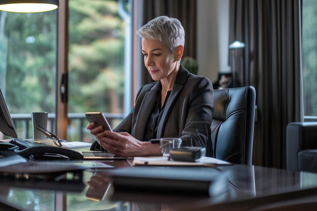 Woman working on her smartphone at a modern home office