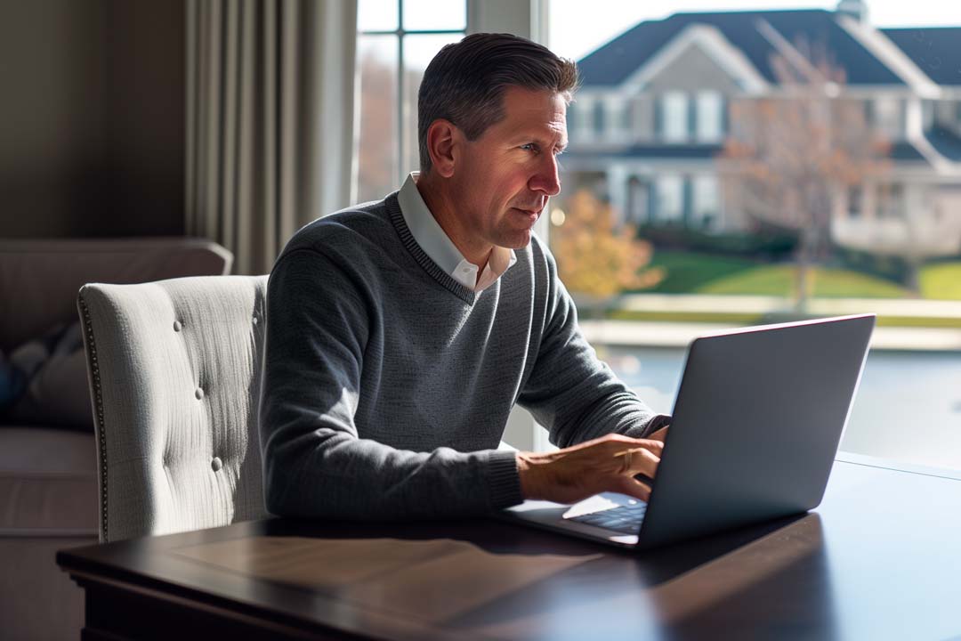 Man working on a laptop in his home office