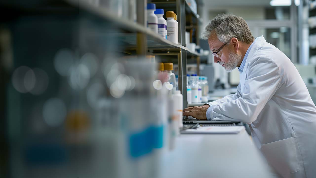 Man working on a laptop in a pharmaceutical manufacturing facility