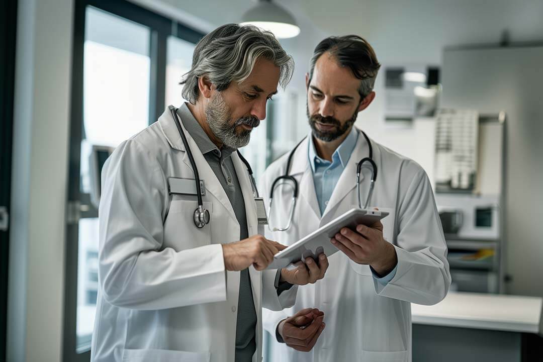 Doctors reviewing patient information on a tablet at a doctors office