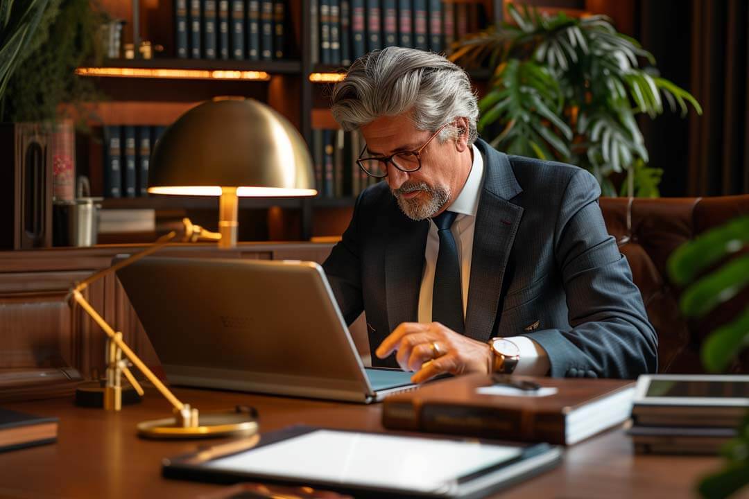 Lawyer working on a laptop in his law office