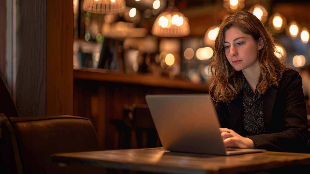 Woman working on a laptop in a cafe