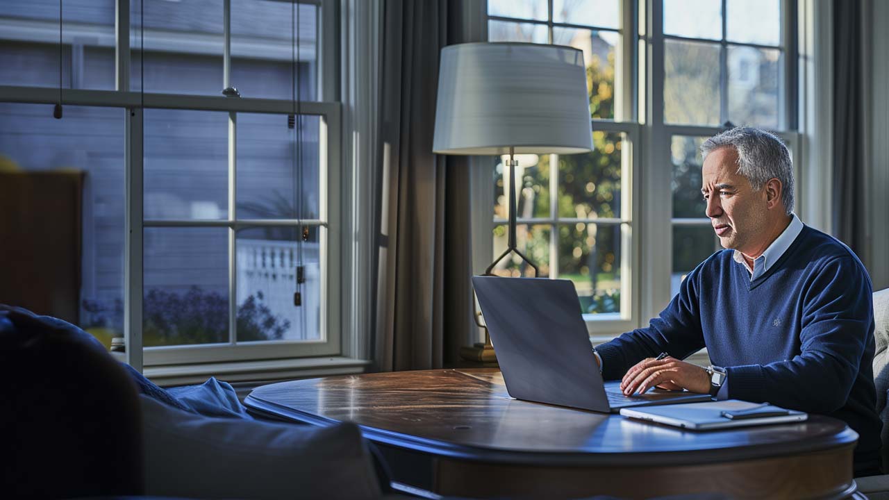 Man working on a laptop at his home office