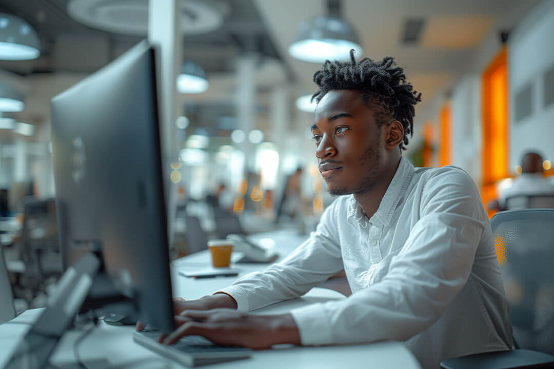 Man working on a laptop at a home office