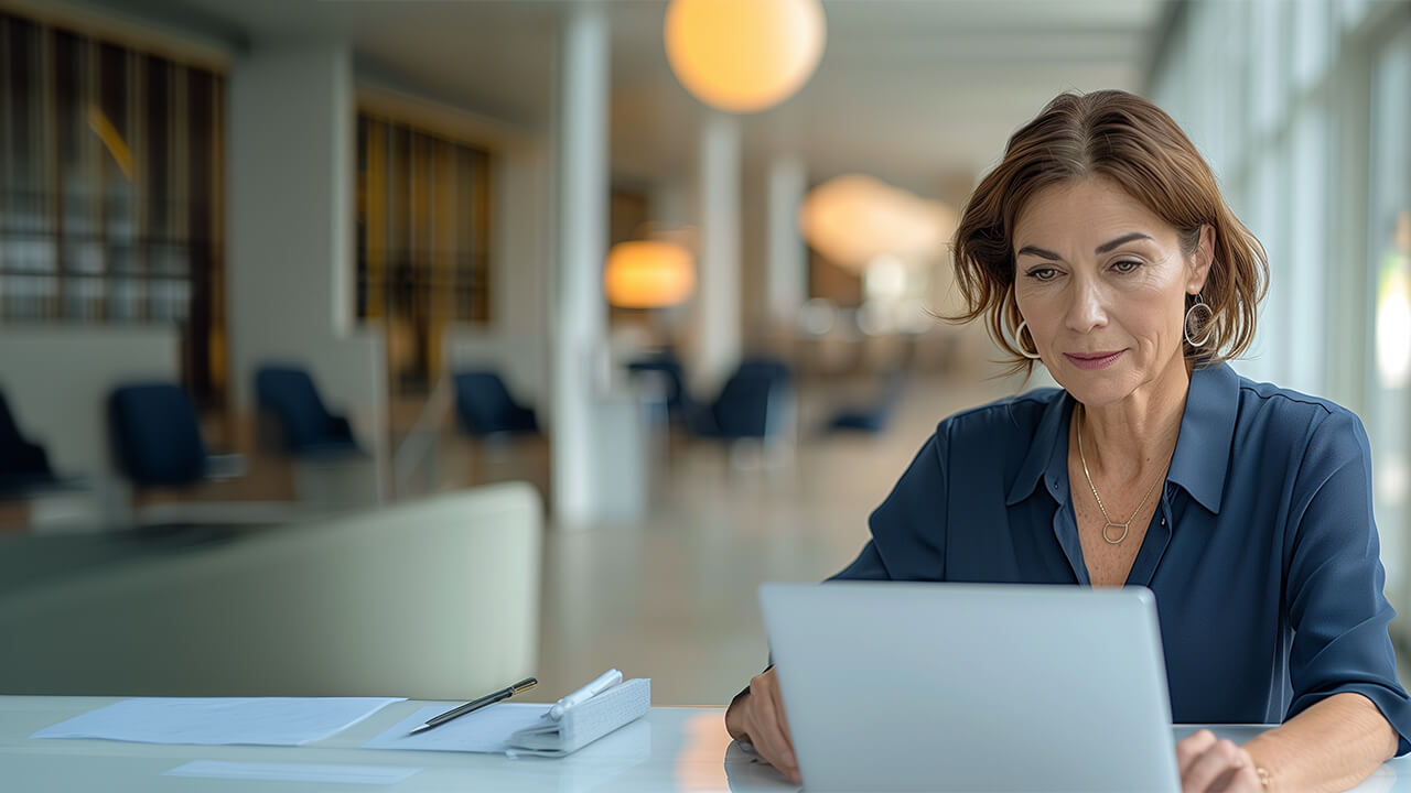 Female warehouse manager working on a laptop