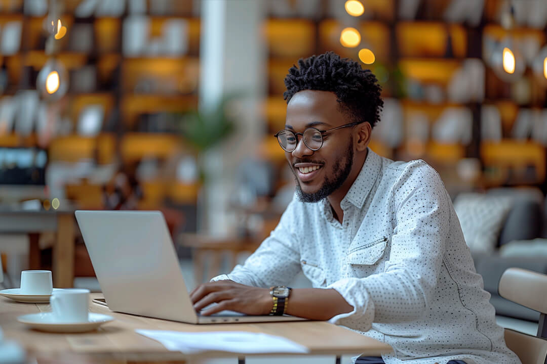 Man working on a laptop at a home office