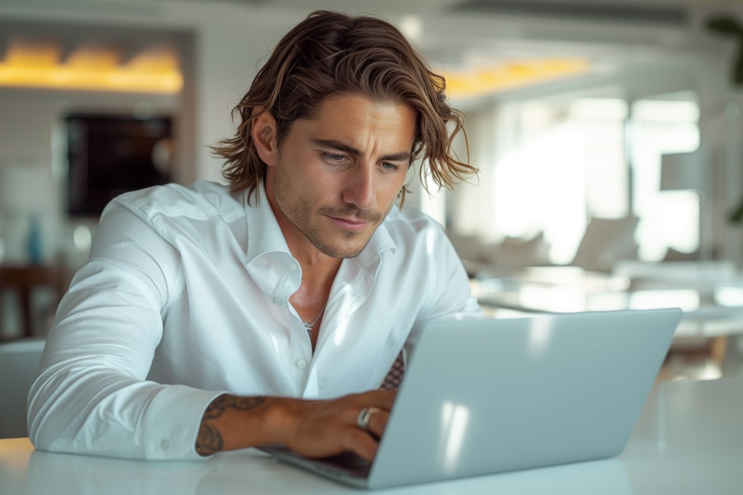 Man working on a laptop in an energy facility