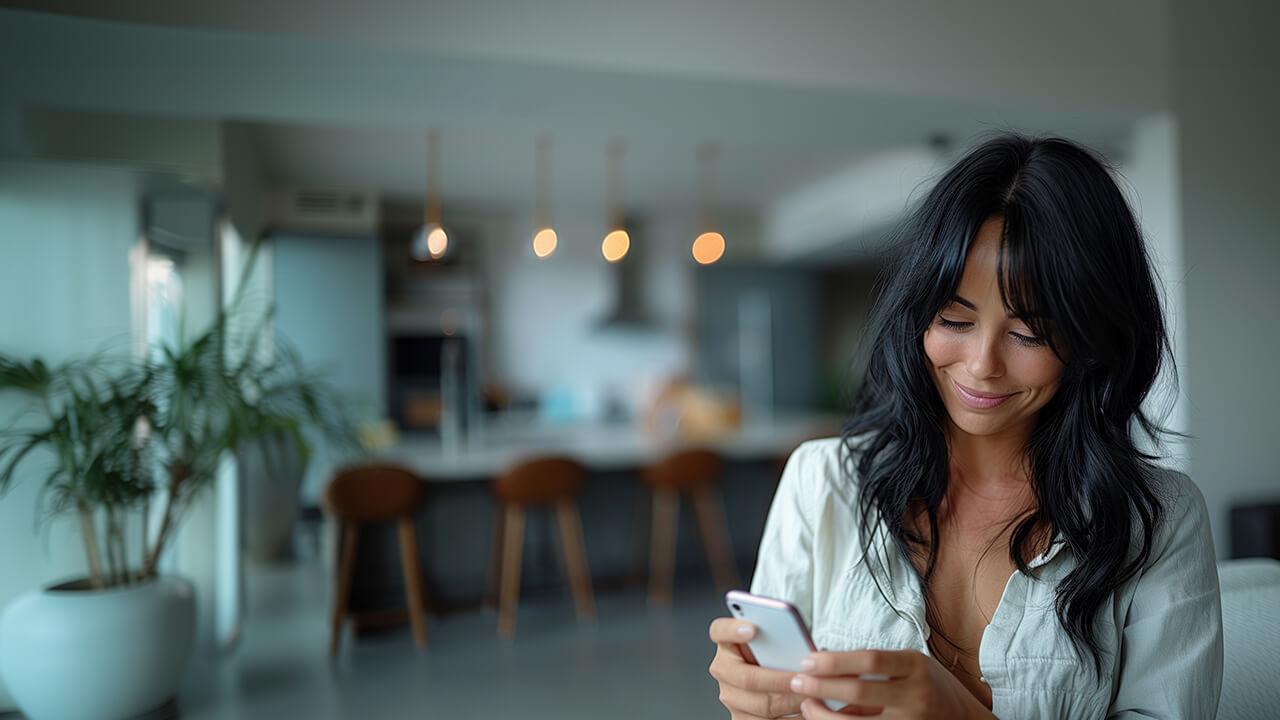 Professional woman texting at a desk in a modern office