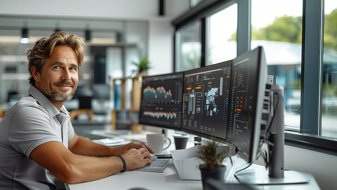 A happy IT manager with 3 desktop monitors at a modern office